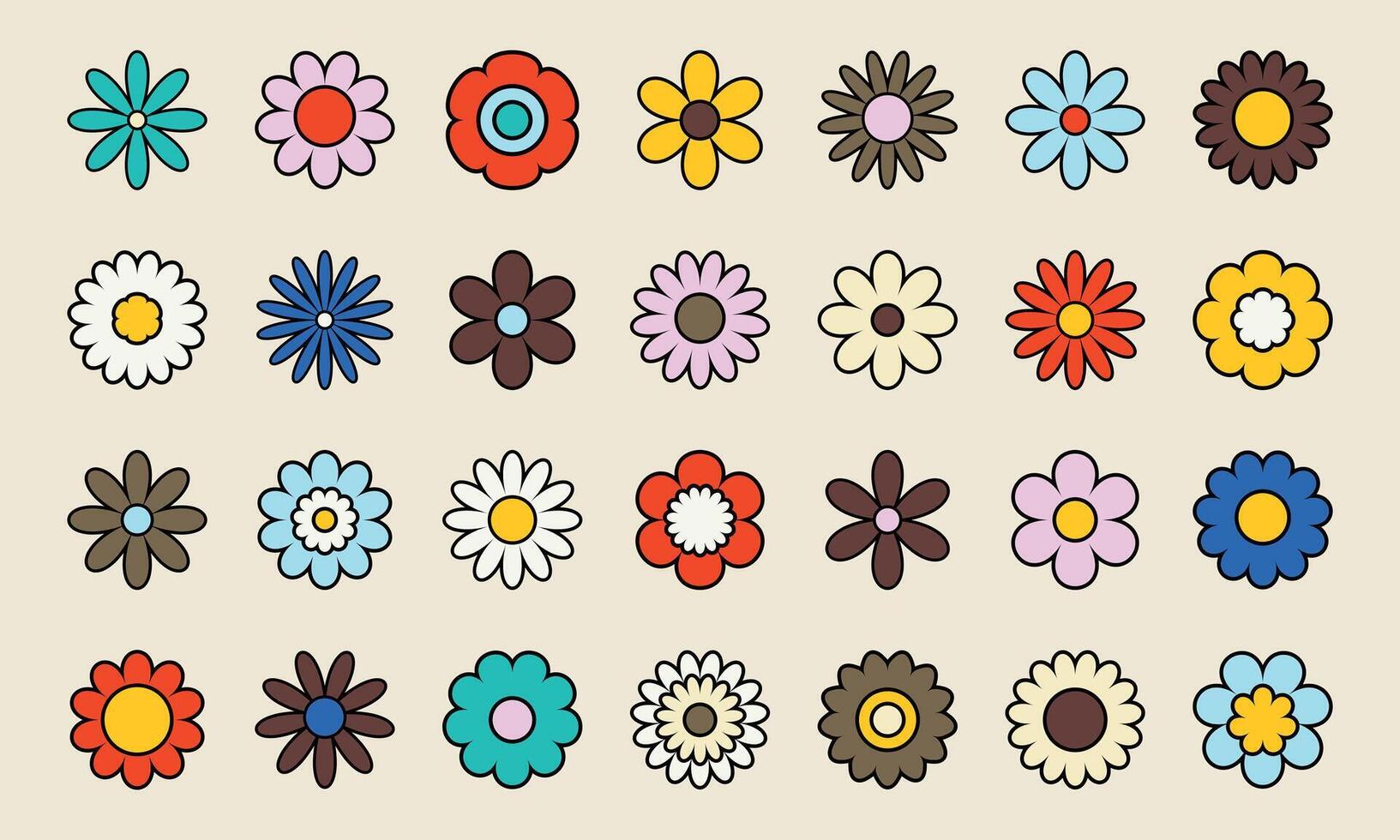 Set of Different Groovy Flowers. vector