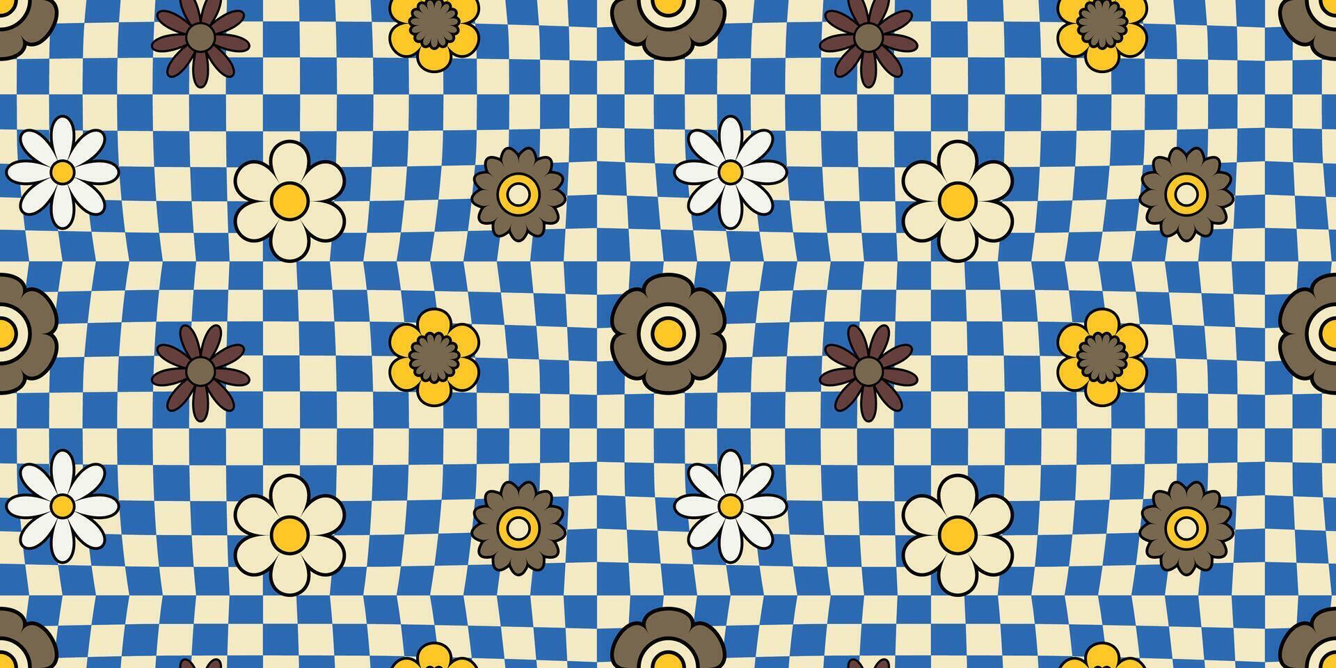 Checkered Seamless Pattern with Flowers. Trippy Checkerboard Background. Abstract Distorted Psychedelic Texture, Optical Illusion. vector