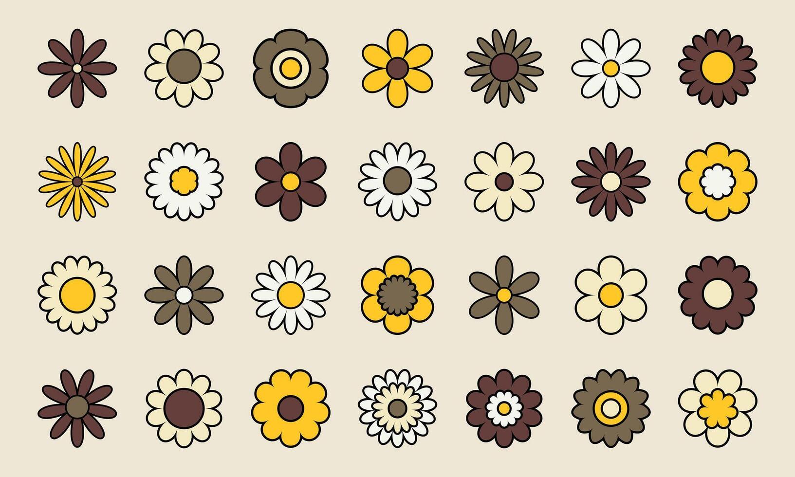 Set of Different Groovy Flowers. Elements in Vintage Style. vector