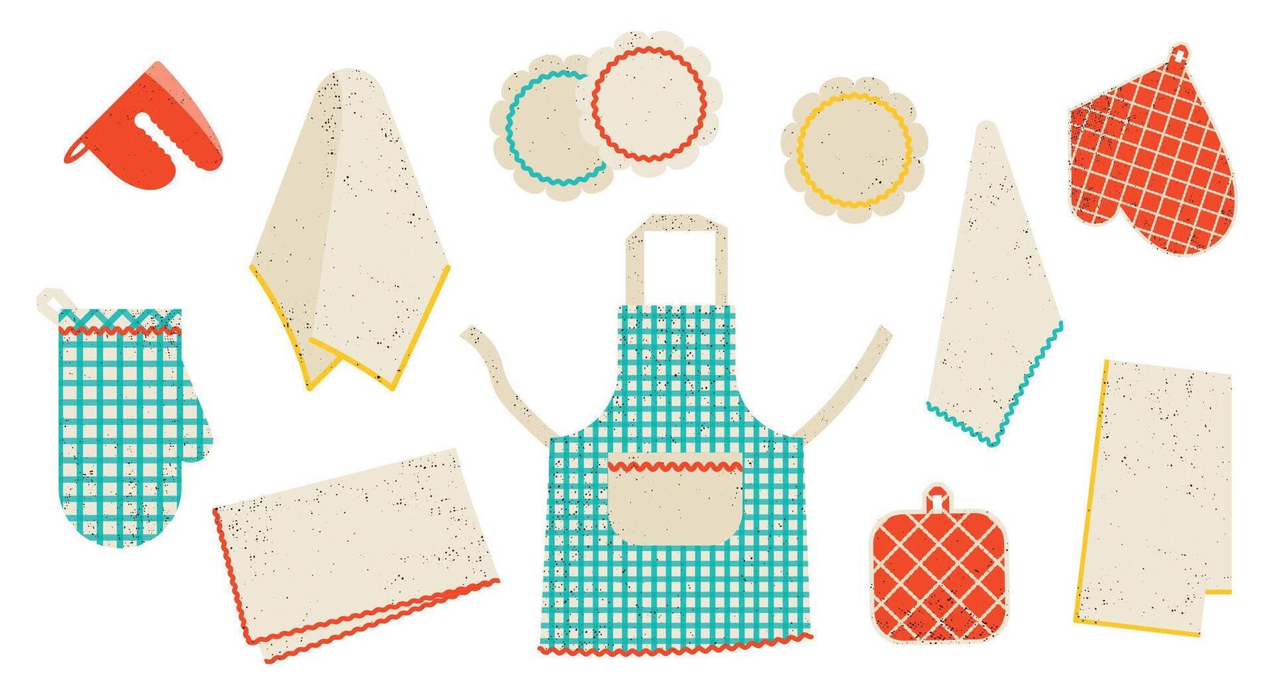 Set of Different Kitchen Textiles. Apron, Oven Mitts, Napkins and Other on White Background. vector
