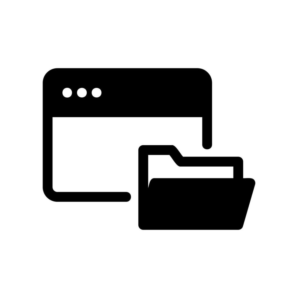 Solid black browser window icon linked with a file folder symbol vector