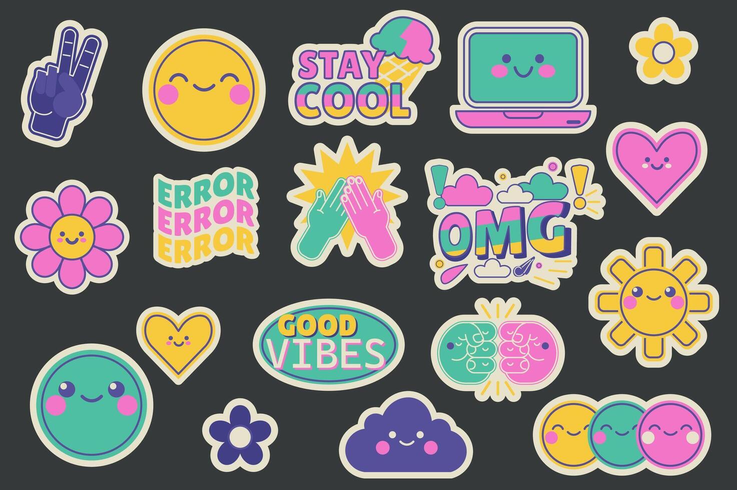 Retro Y2K stickers set in flat design. Collection labels with peace hand, emoji, laptop, hearts, flowers, error, omg, sun, good vibes, cloud, smile, other colourful vintage signs. illustration. vector