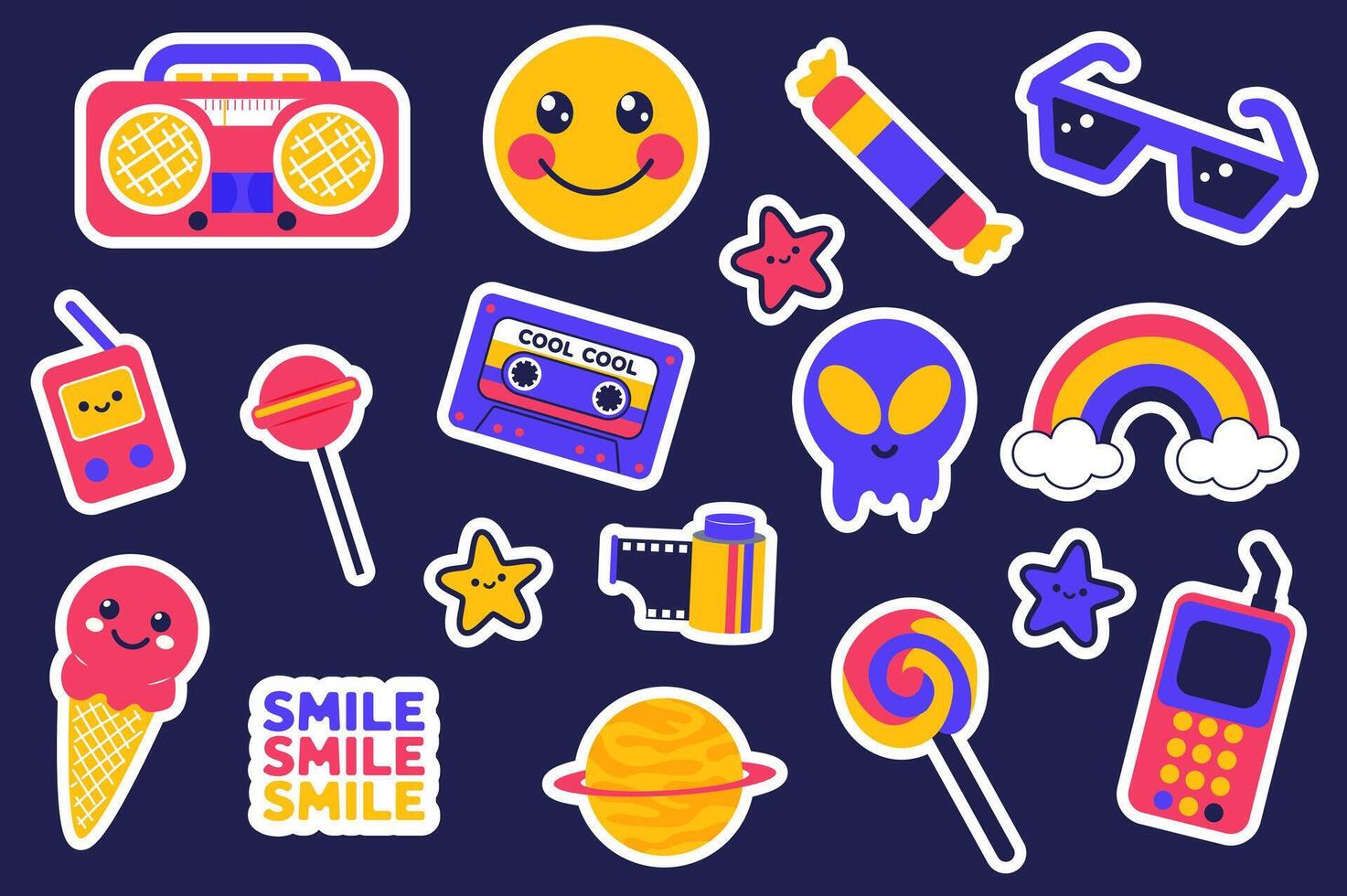 Y2K stickers set in flat design. Collection labels with smile, candy, glasses, player, lollipop, cassette, alien, rainbow, ice cream, stars, planet, photo film, telephone, other. illustration. vector