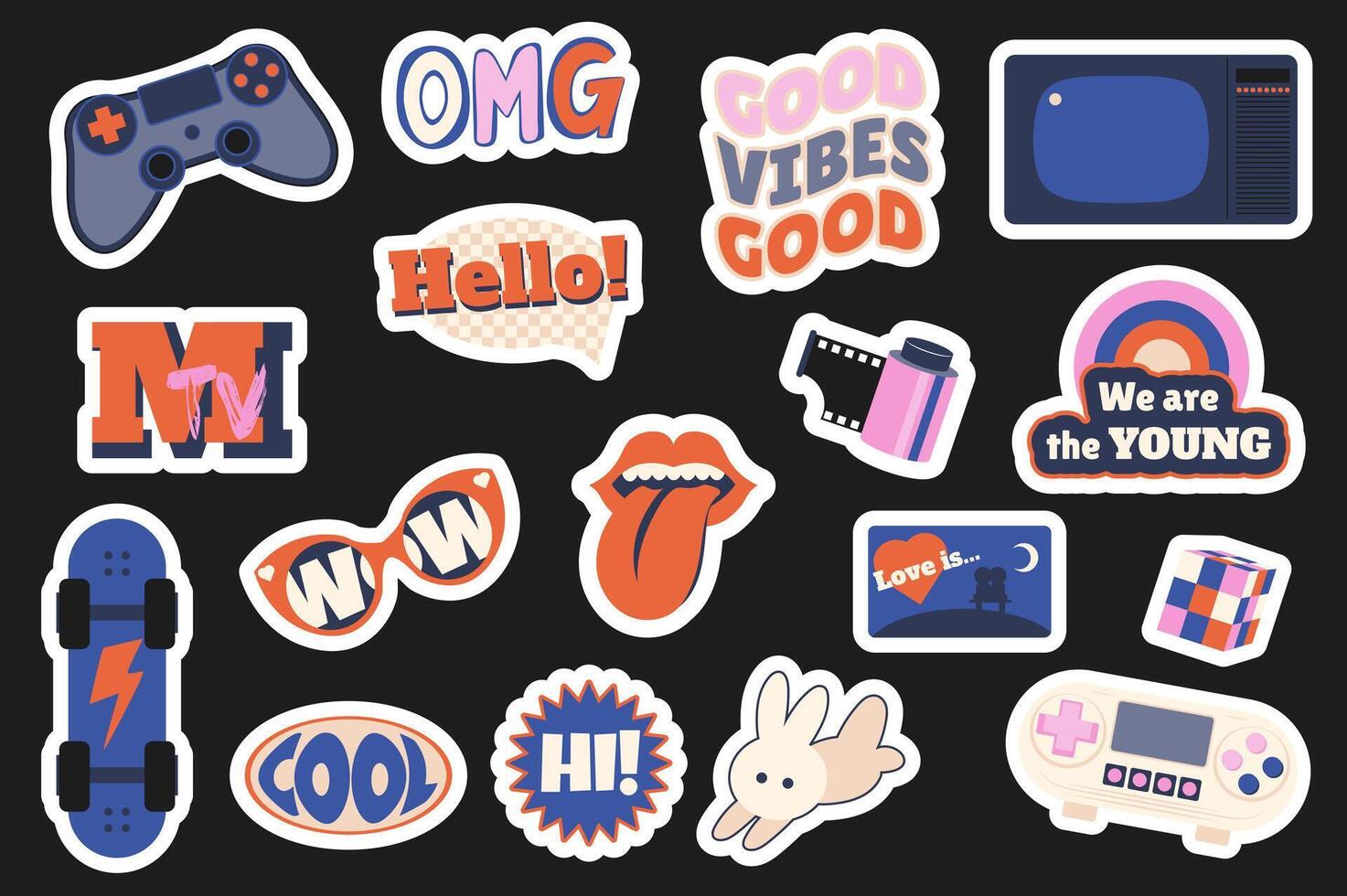 Y2K retro stickers set in flat design. Collection labels with game console, joystick, good vibes, television, photo film, mouth tongue, love, bunny, skateboard, glasses, other. illustration. vector