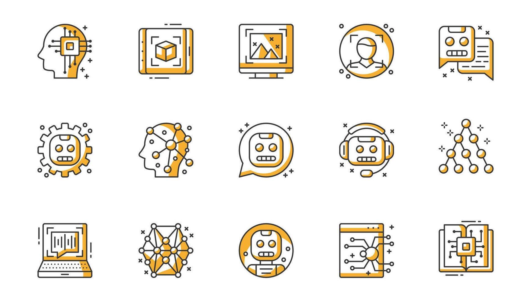 Artificial intelligence icons set in outline stroke design for web. Pack line pictograms with ai, image recognition, face detection, chat with chatbot, machine learning, other. illustration. vector
