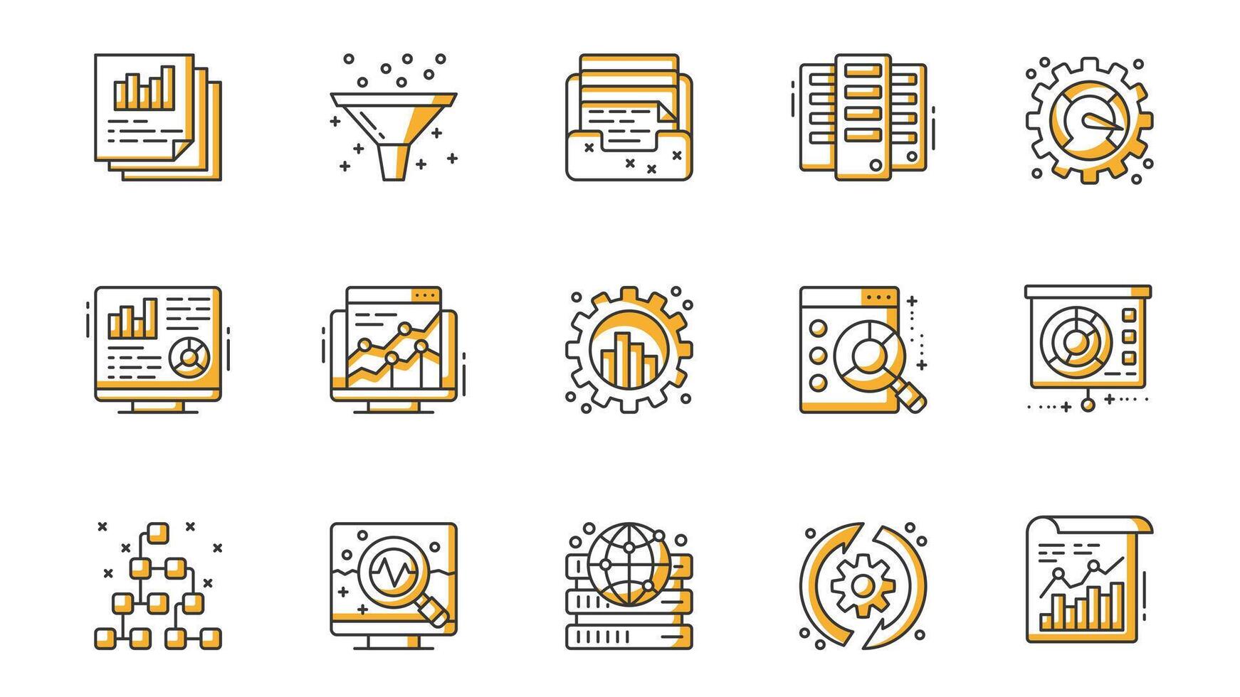 Data analysis icons set in outline stroke design for web. Pack line pictograms with graph, funnel, document, speedometer, statistic webpage, chart growth, settings, search, other. illustration. vector