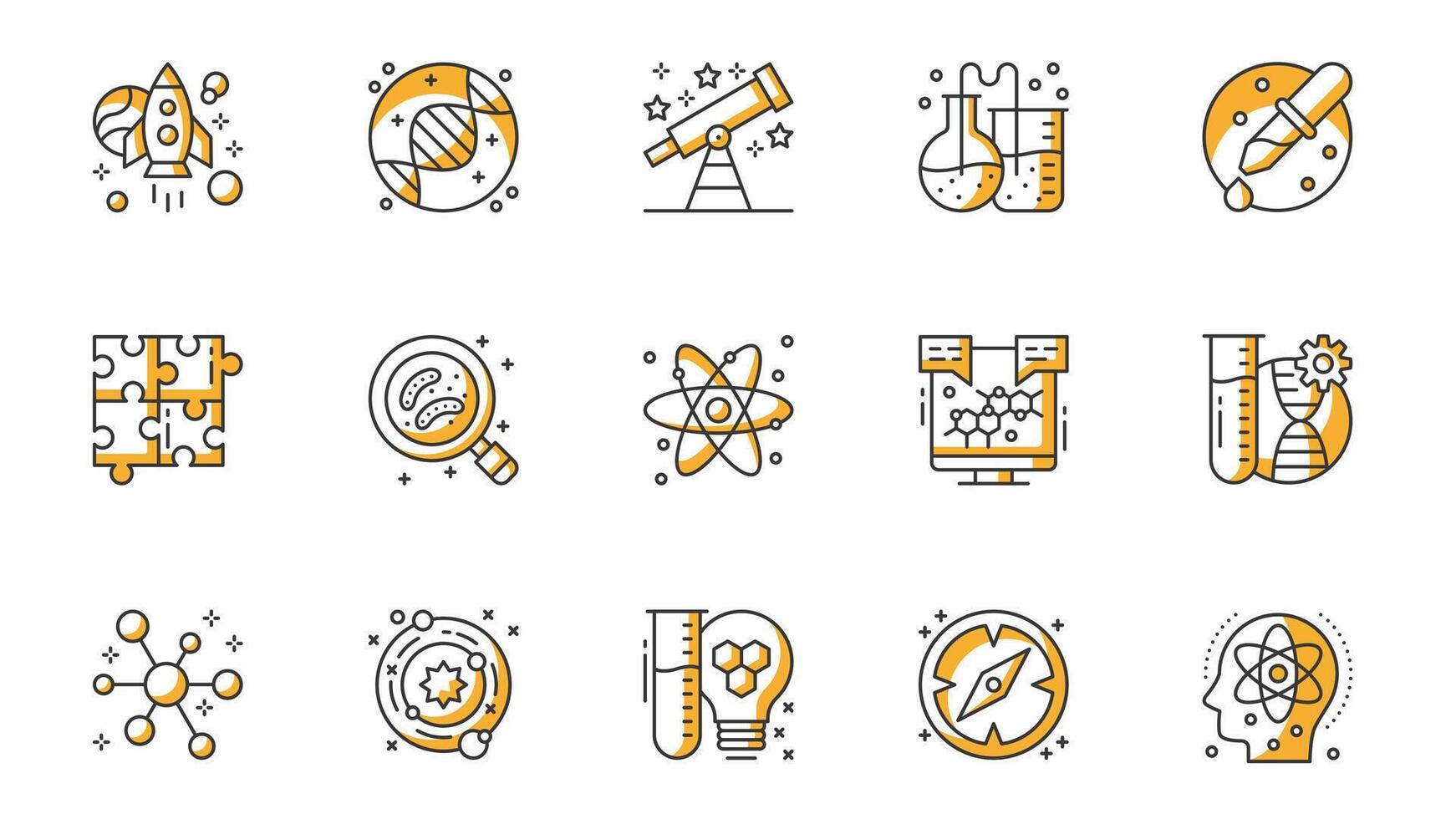 Science icons set in outline stroke design for web. Pack line pictograms with space rocket, astronomy, genetic research, telescope, chemical test, microbiology, physics, other. illustration. vector