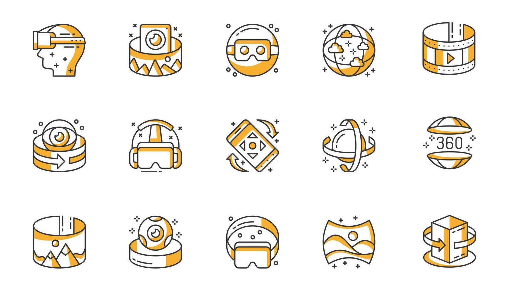 Virtual reality icons set in outline stroke design for web. Pack line pictograms with vr helmet, wide angle camera, glasses, panoramic photo, rotation, headset, 3d object, other. illustration. vector
