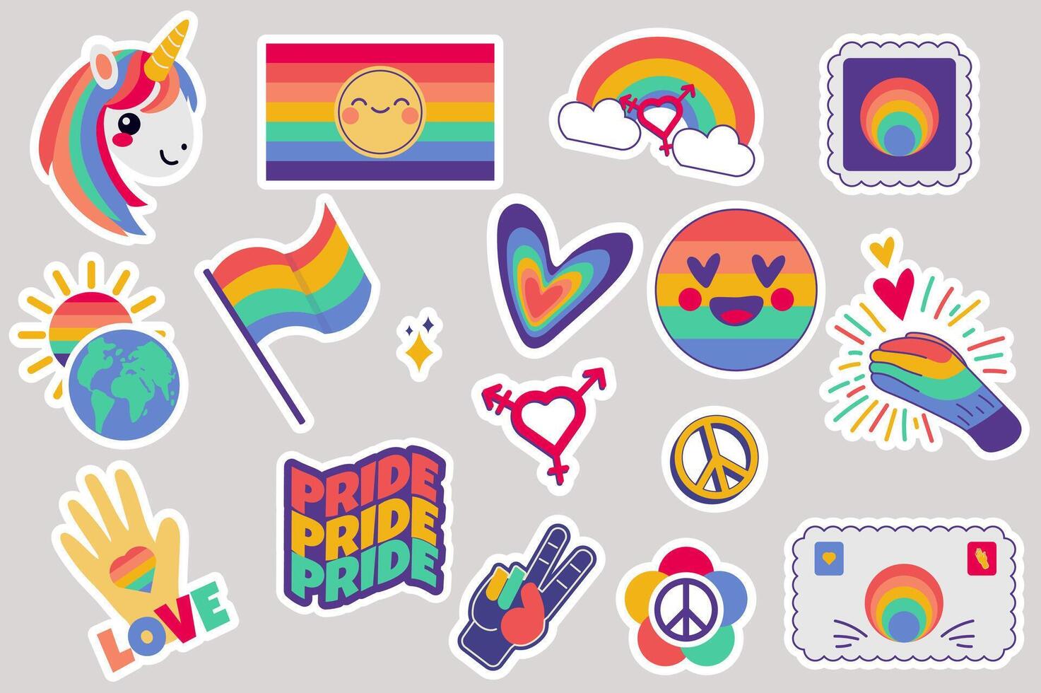 LGBT stickers set in flat design. Collection labels with rainbow colors unicorn, flags, hearts, smile emoji, diversity and equality symbols, gay and lesbian community parade. illustration. vector