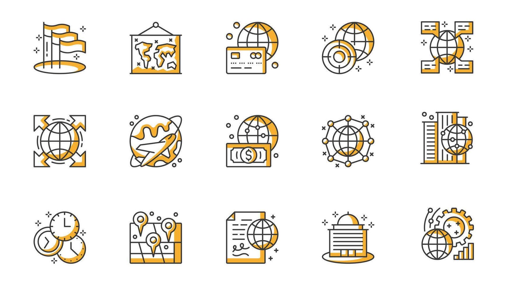 Global business icons set in outline stroke design for web. Pack line pictograms with flag, map, card paying, target, online communication, international company expansion, other. illustration. vector