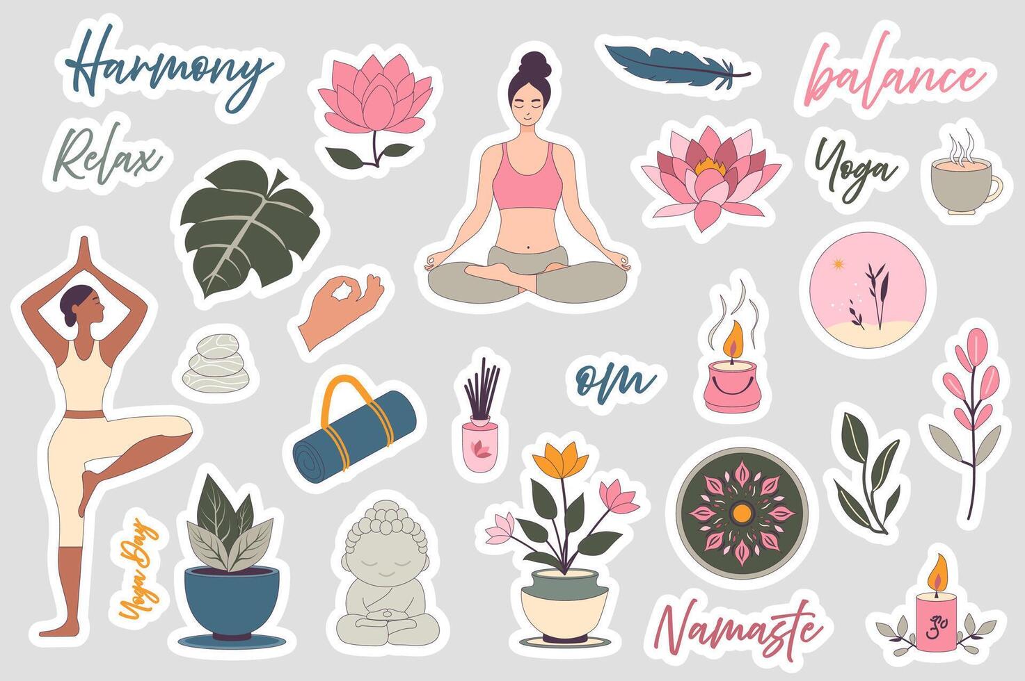 Yoga set in flat design. Collection labels with woman in meditation or doing asan, harmony, relax, lotus flower, balance, tea, leaf, stones, mat, buddha, namaste, mandala, other. illustration. vector
