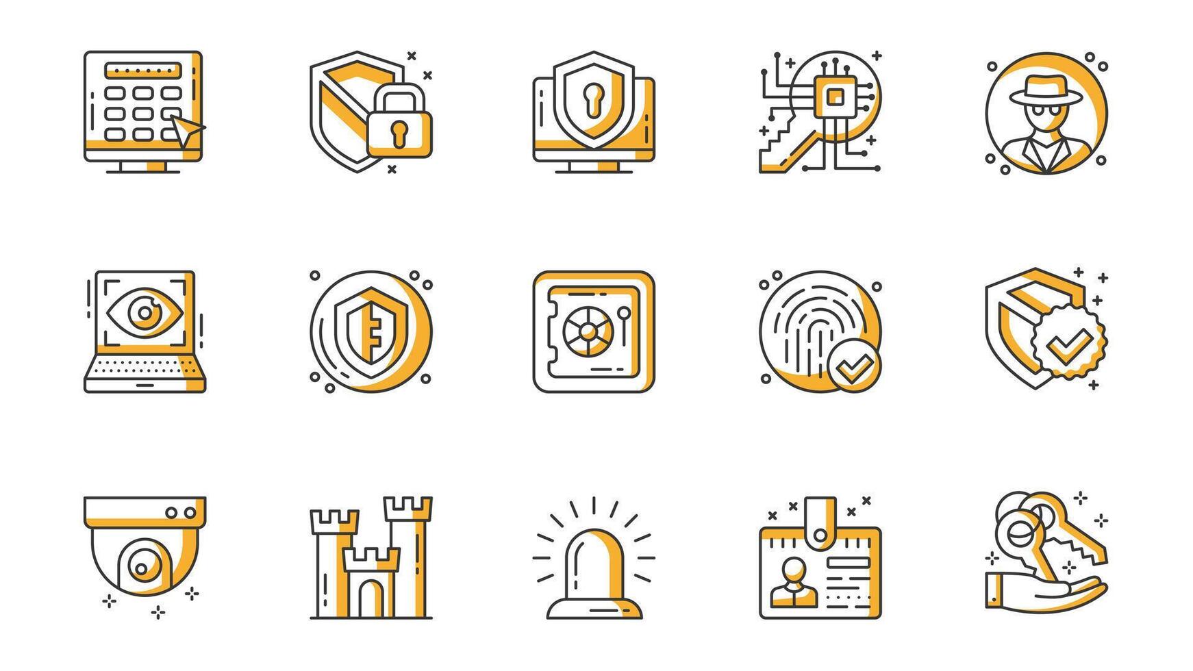 Security icons set in outline stroke design for web. Pack line pictograms with password, shield, padlock, computer firewall, key encryption, spy, eye scanner, fingerprint, other. illustration. vector