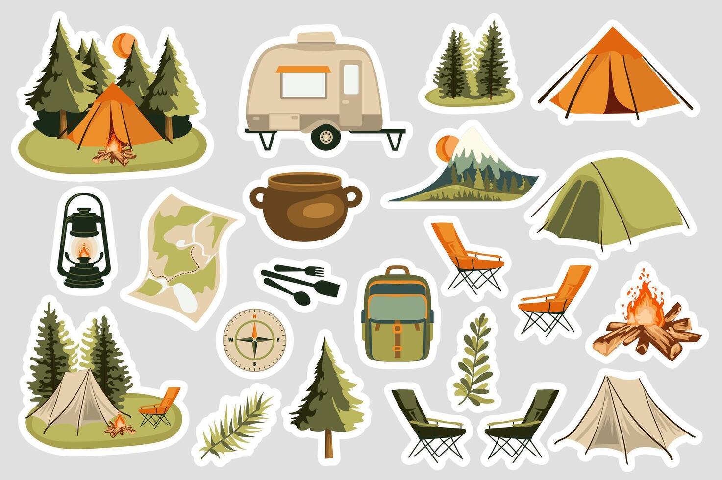 Camping stickers set in flat design. Collection labels with camp tent at forest, travel trailer car, lantern, backpack, chairs, campfire, hiking compass, trees, mountains, other. illustration. vector