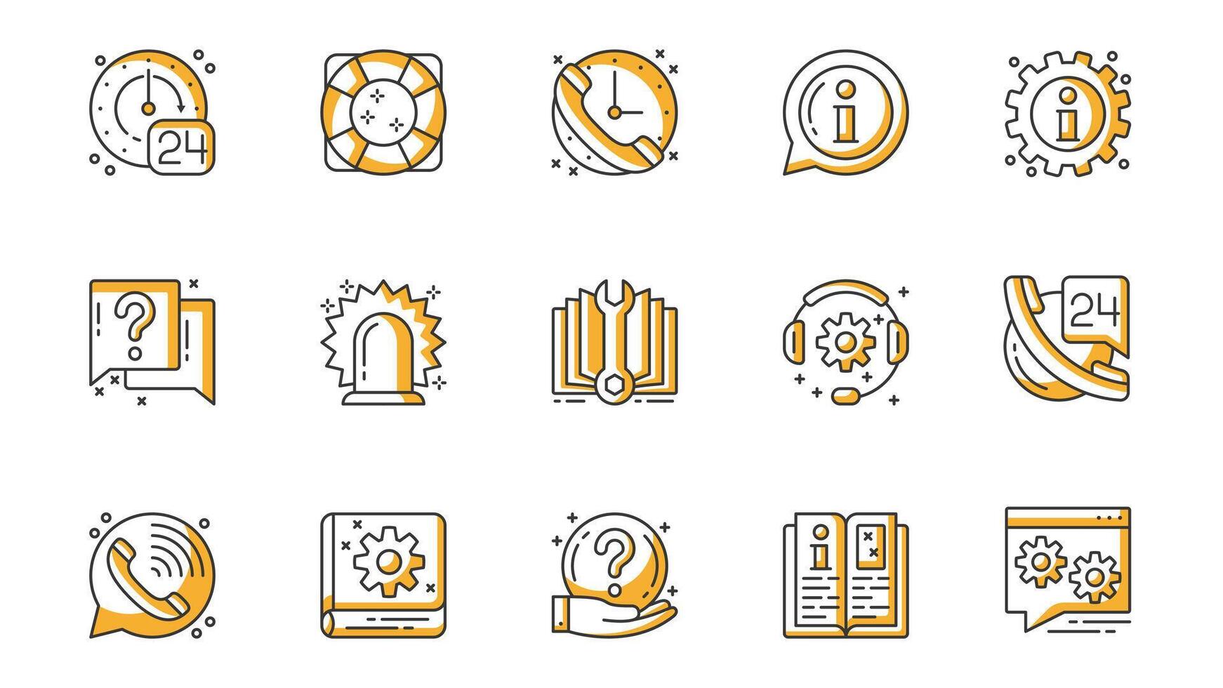 Help and support icons set in outline stroke design for web. Pack line pictograms with clock, lifebuoy, call, info, question, headset, answer, consultation, client, contact, other. illustration vector