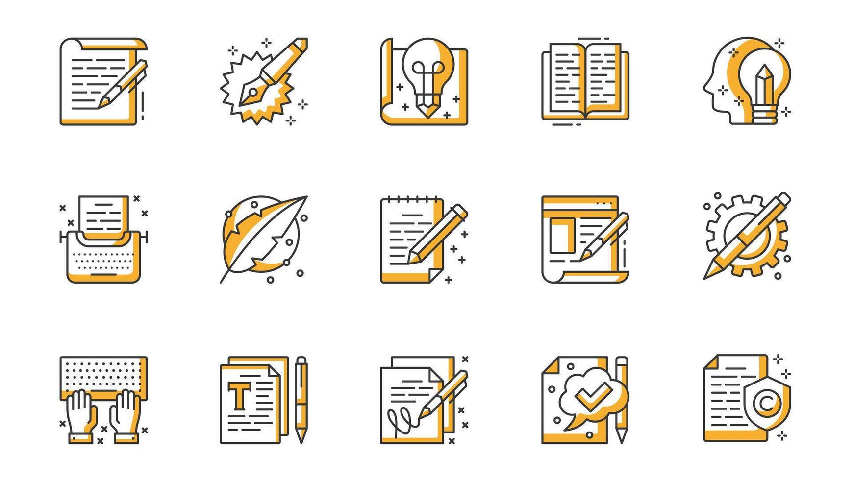 Copywriting icons set in outline stroke design for web. Pack line pictograms with article, writing, idea, inspiration, book, creativity, typewriter, intellectual property, other. illustration. vector