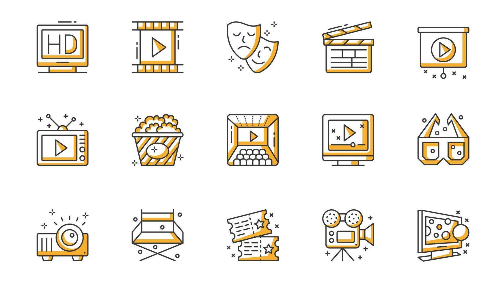 Cinema icons set in outline stroke design for web. Pack line pictograms with television, movie, film strip, theater mask, director clapperboard, popcorn, , 3d glasses, other. illustration. vector