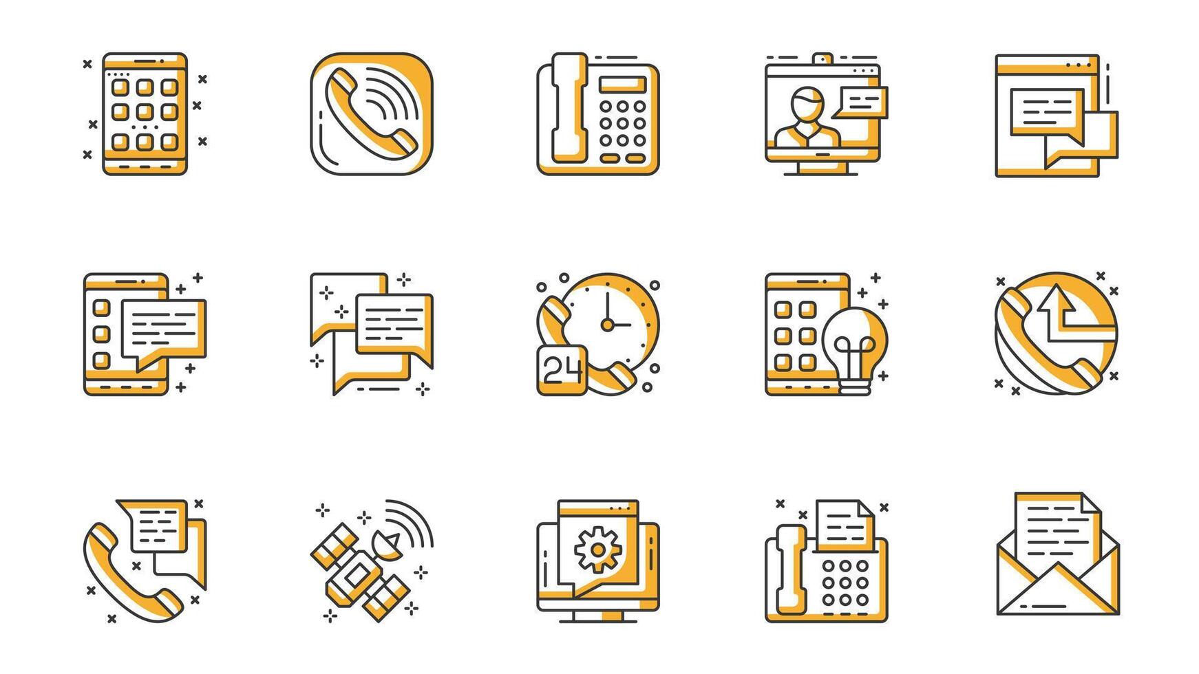 Communication icons set in outline stroke design for web. Pack line pictograms with application, phone call, zoom, chat, message, speech bubble, customer support, other. illustration. vector