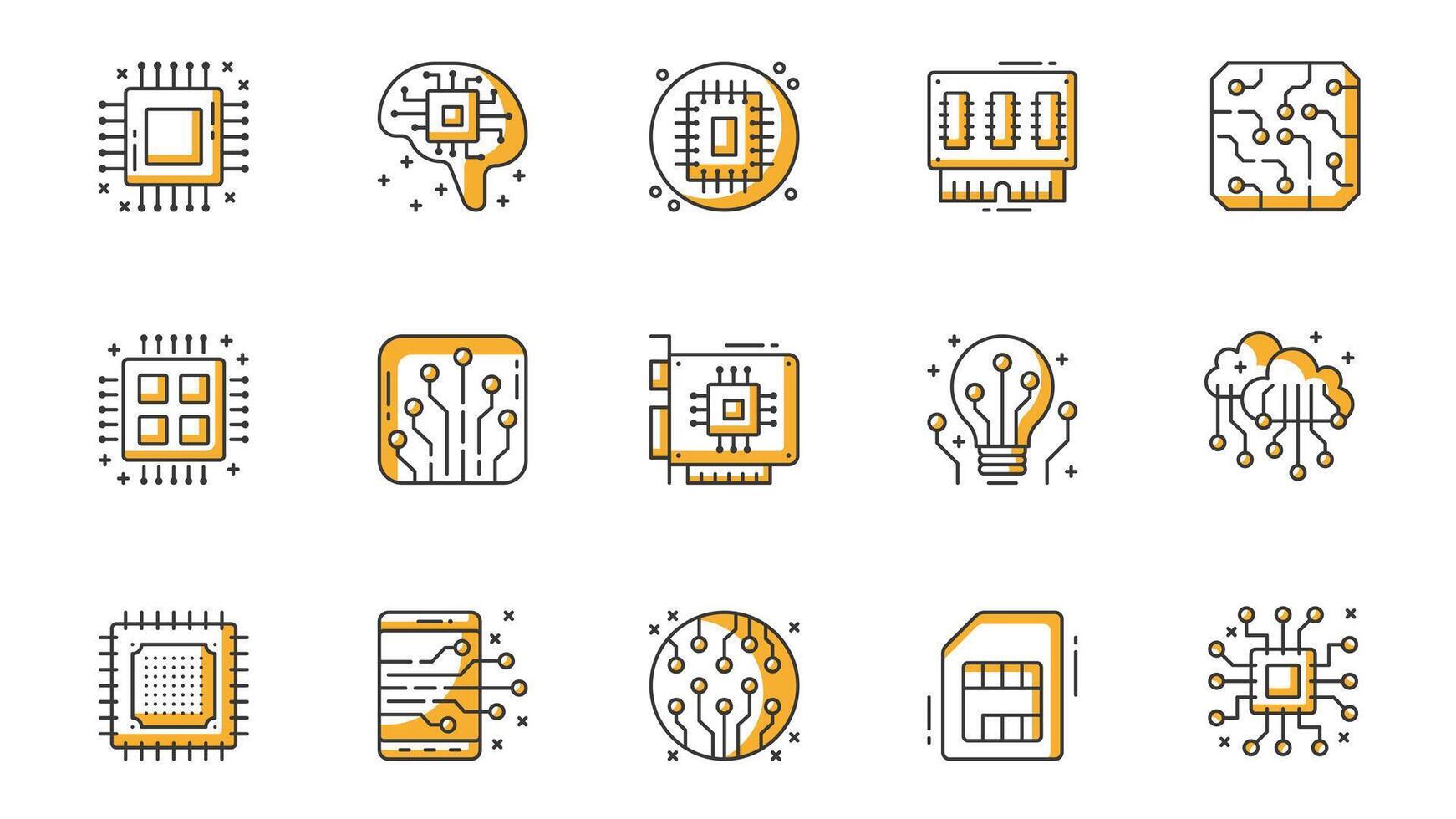 Electronics icons set in outline stroke design for web. Pack line pictograms with circuit, microchip, brain, machine learning, mother board, computer technology, sim card, other. illustration. vector