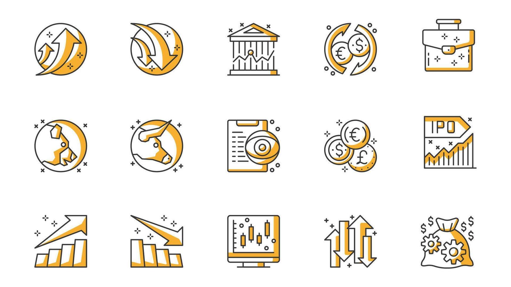 Stock quotes icons set in outline stroke design for web. Pack line pictograms with increase, decrease, exchange currency, investment portfolio, bear, bull, watch list, other. illustration. vector