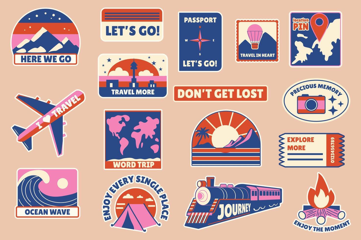 Retro travel stickers set in flat design. Collection labels with passport, flight, mountains, ocean wave, train, world trip, tropical island, photo memory, map, countries, other. illustration. vector
