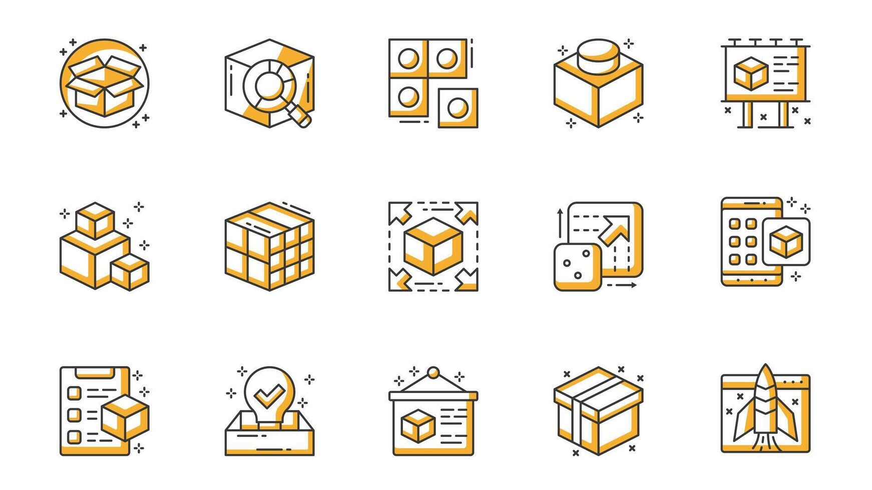 Abstract product icons set in outline stroke design for web. Pack line pictograms with box package, research, module, component, advertising presentation, item scalable, other. illustration. vector