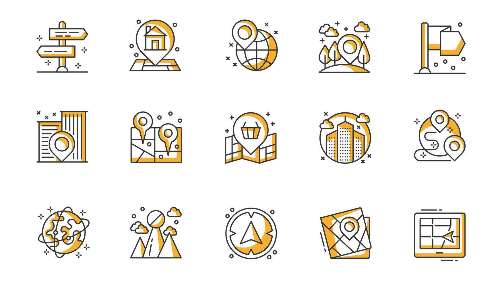 Navigation icons set in outline stroke design for web. Pack line pictograms with direction signpost, home location pin, globe, forest, office, map, house, route, compass, other. illustration. vector