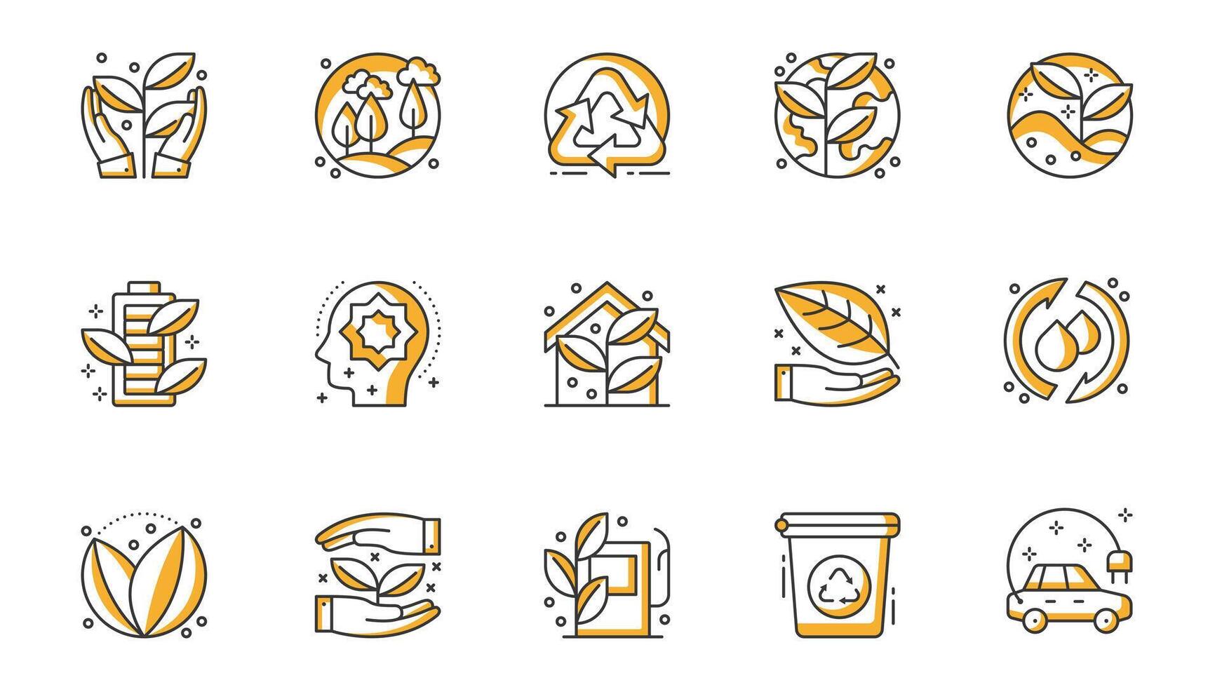 Ecology icons set in outline stroke design for web. Pack line pictograms with hands save plant, forest, nature, recycling, globe, battery charge, awareness, smart home, other. illustration. vector