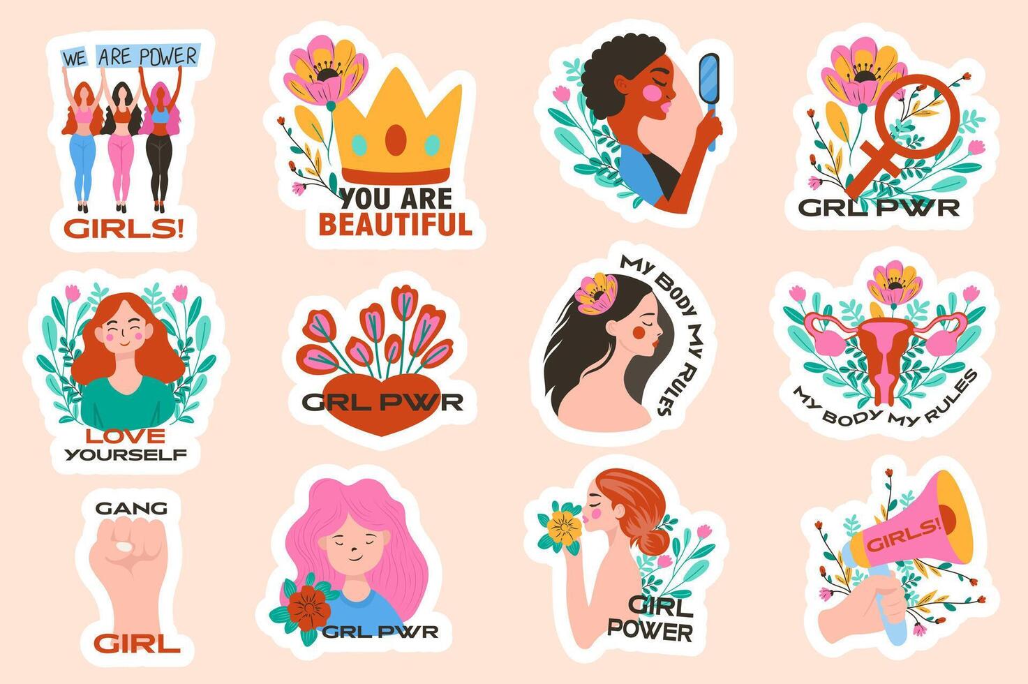 Feminism stickers set in flat design. Collection labels with diversity women, crown, flowers and text messages with female support, girl power, self love, uterus symbol and other. illustration. vector