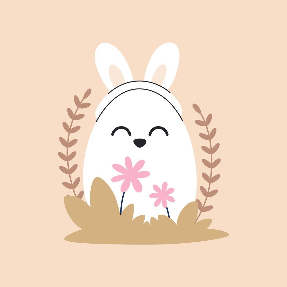 Cute Easter egg with a smile and bunny ears, hidden in grass and flowers. Easter illustration. vector
