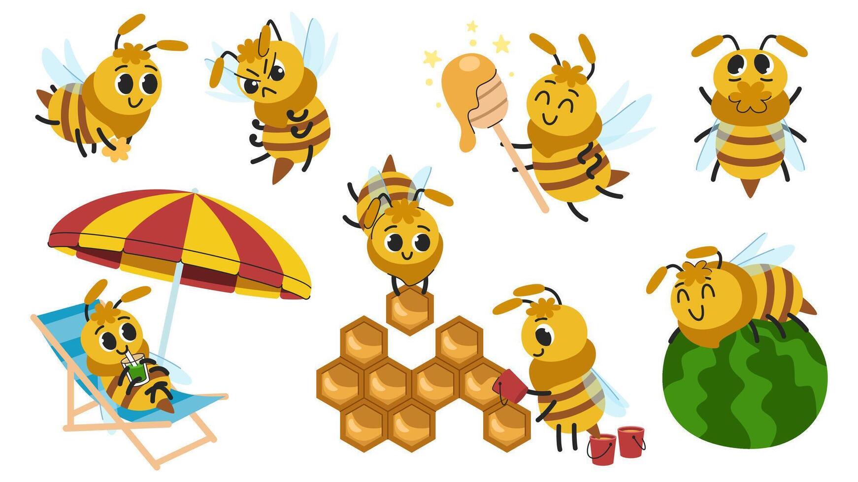 Children's cartoon bees set. Bees work and rest, carry pollen, build honeycombs and make honey. Different poses and emotions. Cute children's characters. vector
