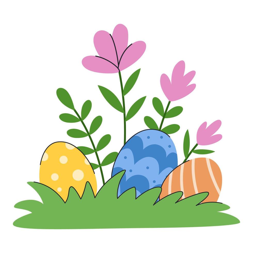 Easter patterned eggs hidden among grass and flowers. Easter composition for egg hunt. Isolated on white background. vector
