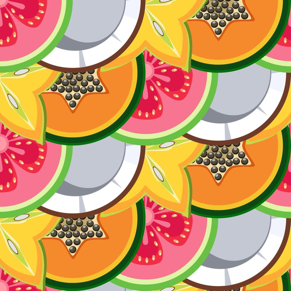 Exotic tropical fruits seamless pattern with slices of star fruit, papaya, guava, and coconut vector