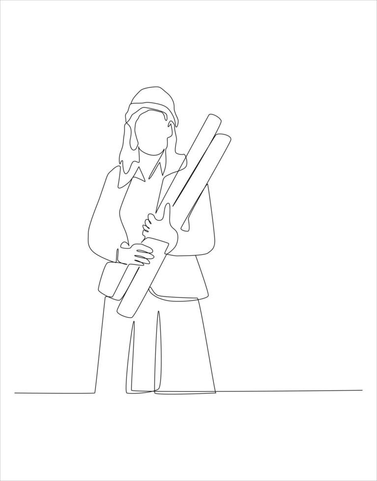 Single continuous line drawing of young female architect holding blueprint paper pose cross arms. Minimalism concept one line draw graphic design illustration. vector