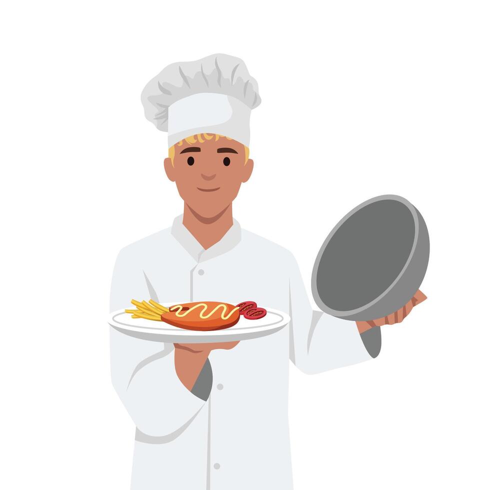 Cheerful chef proudly presents a plate of steak while holding a lid in the other hand. vector