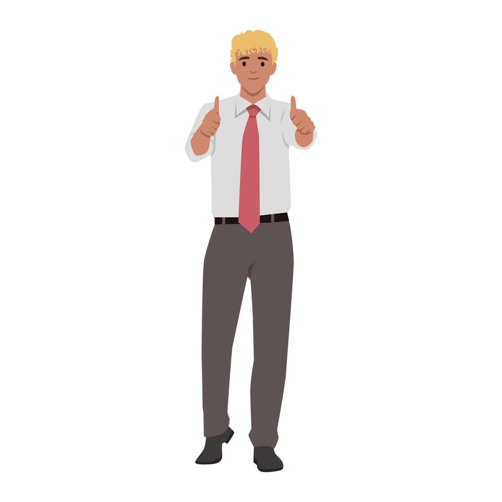 Smiling man in business attire confidently gives two thumbs up, expressing approval and positivity. vector