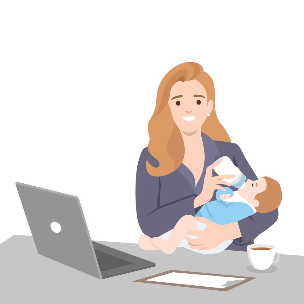 Mother smiles while feeding her baby with a bottle in one arm and working at her laptop. vector