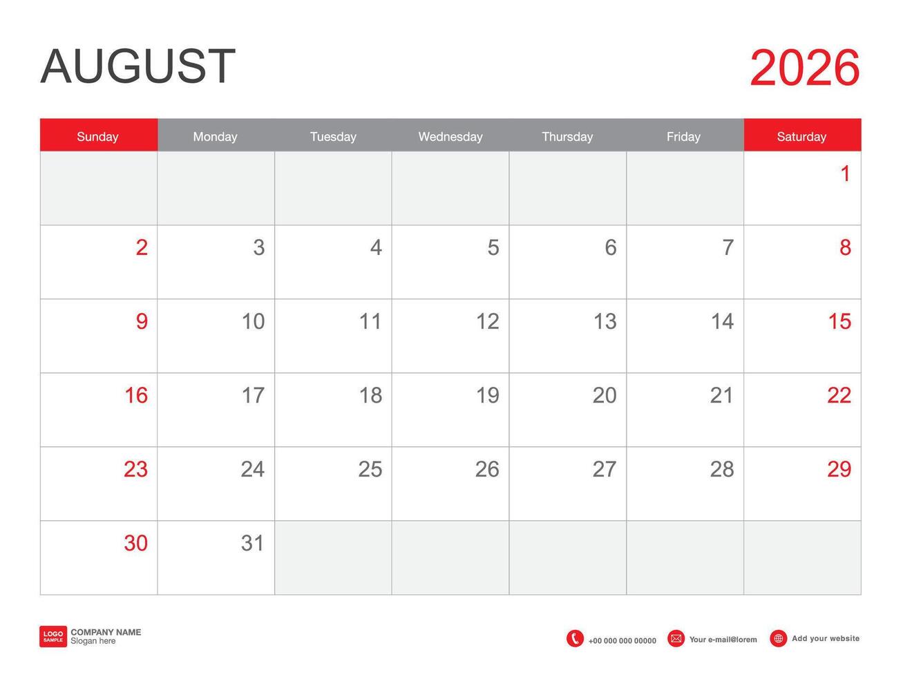 AUGUST 2026 year, calendar 2026 template vector