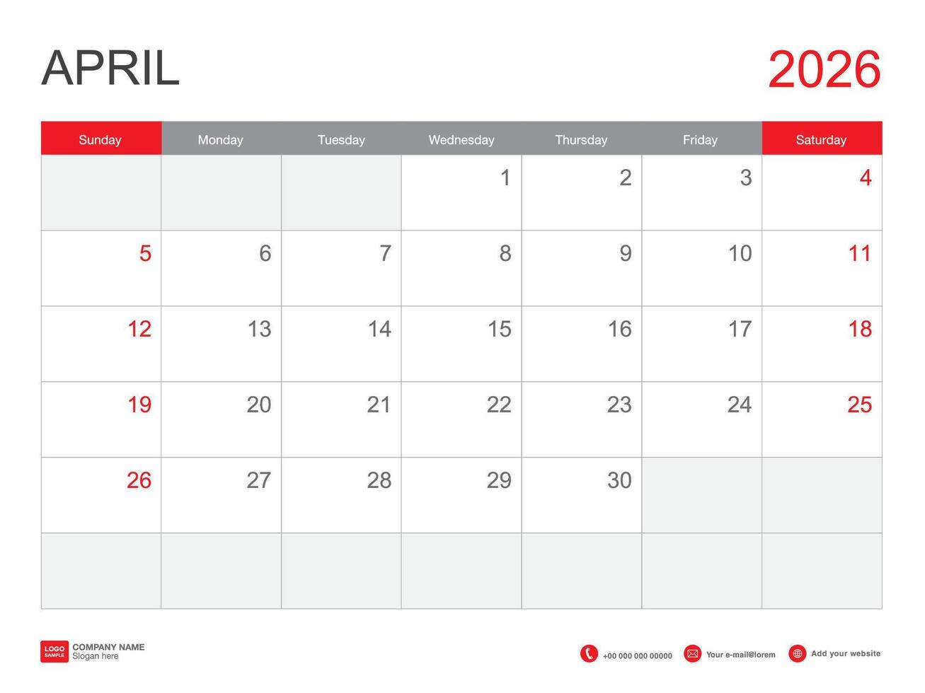 APRIL 2026 year, calendar 2026 template vector