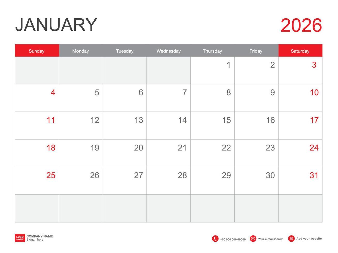 JANUARY 2026 year, calendar 2026 template vector