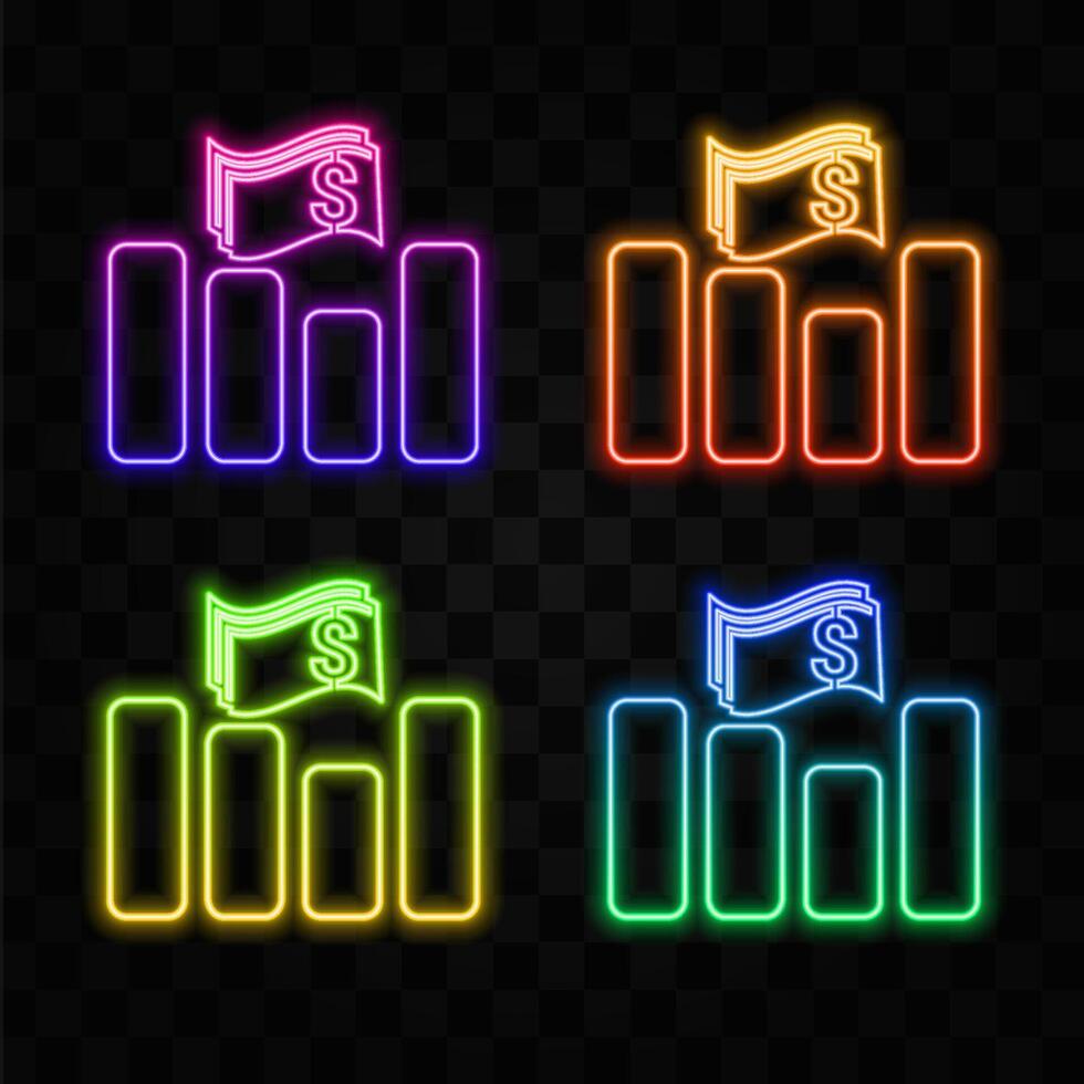Ascending dollar price chart. neon style. bar chart icon. vector