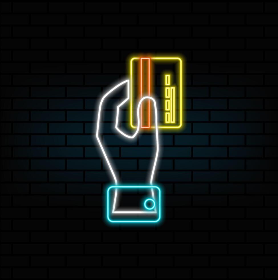 Hand holding credit card icon in flat style. money symbol. neon style.payment with credit card icon. pay for online purchase. debit card. digital money. thin line color symbol. modern style pictogram vector