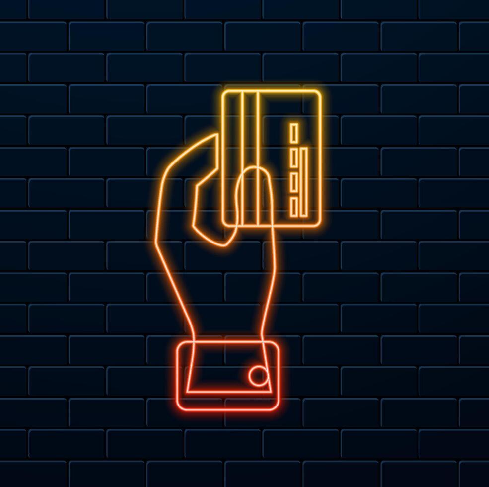 Online transaction icon Payment icon. neon style.payment with credit card icon. pay for online purchase. debit card. digital money. thin line color symbol. modern style pictogram vector