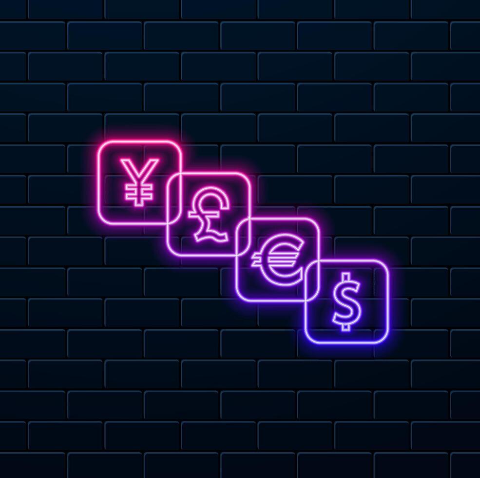 World currencies symbol. neon style.Dollar Euro Pound and Yen currency icons. neon. USD EUR GBP and JPY money sign symbols for web and app vector