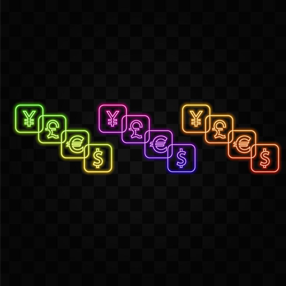 Dollar Euro Pound and Yen currency icons. neon style. USD EUR GBP and JPY money sign symbols for web and app vector