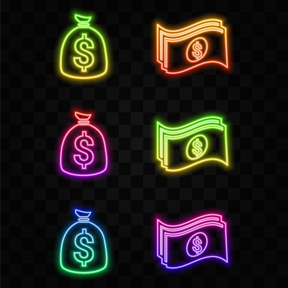 Three Dollar Bills. neon style. money bag icon vector
