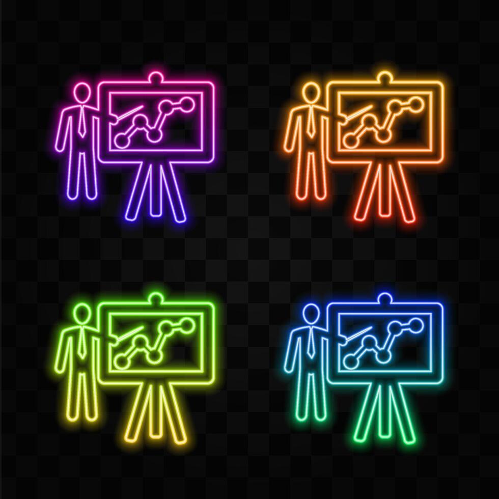 Presentation male icon. neon style. person with board for business and finance analysis and report symbol in an illustration vector