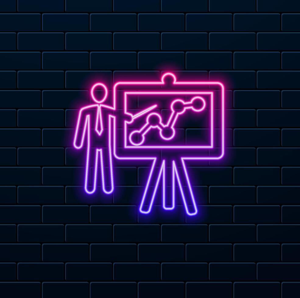 teacher icon . lesson board illustration. Training symbol or logo. neon style.Presentation male icon. person with board for business and finance analysis and report symbol in an illustration vector