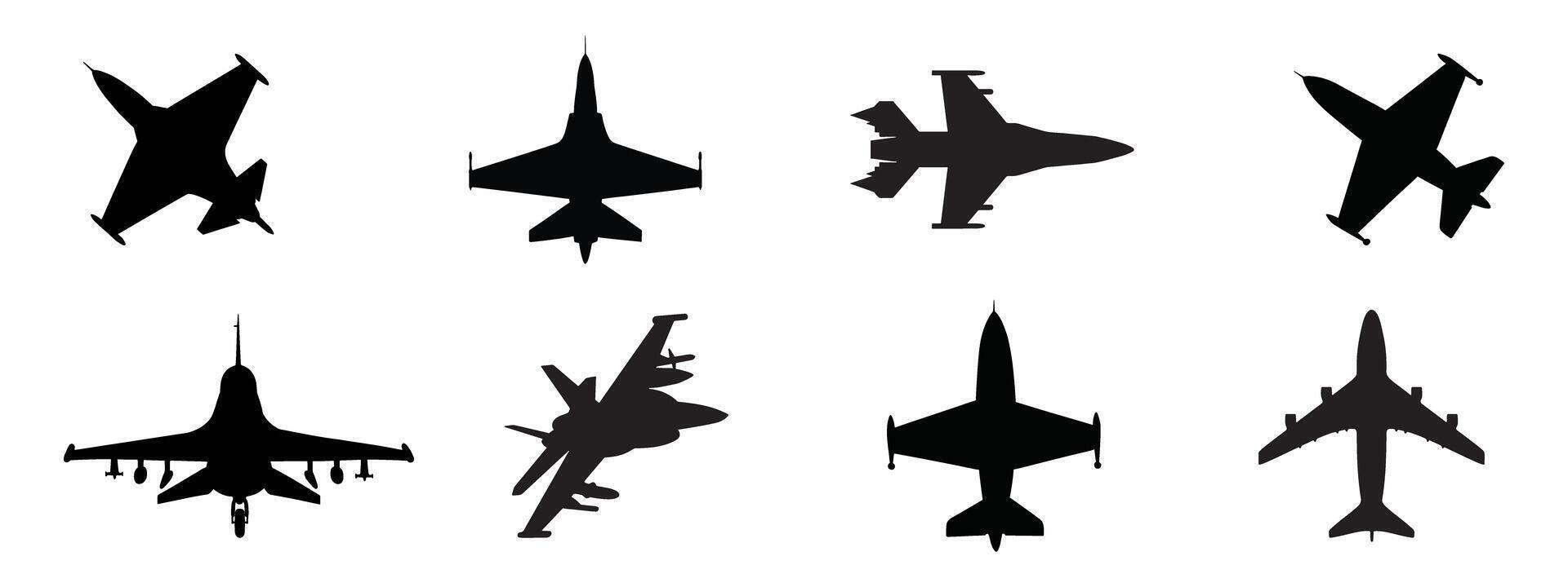 Black and white various military aircraft, fighter jet airplane silhouettes on isolated background vector