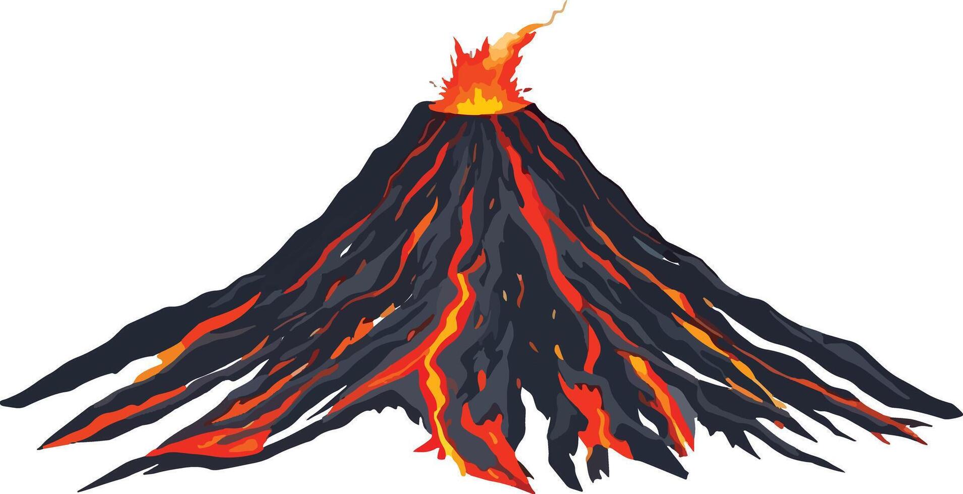 Erupting Volcano Illustration on Isolated White Background Featuring Bright Lava, Smoke, and Ash in Vibrant Colors vector