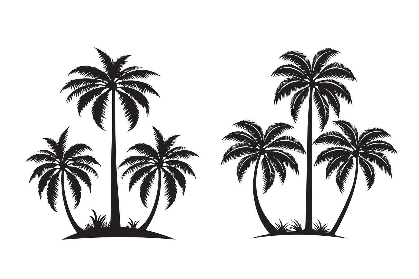 Two sets of palm coconut trees silhouette illustration on isolated white background sea beach vector